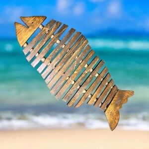 Vintage Rustic Handmade Slatted Wood Fish Trivet Dark Brown Nautical Cabin